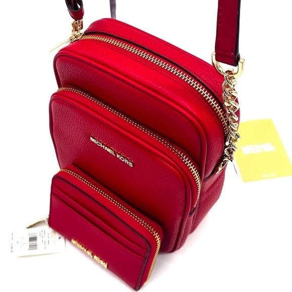 Michael Kors Medium NS Chain Xbody Bag & Jet Set Travel Medium ZA Card Case Red - Picture 9 of 12
